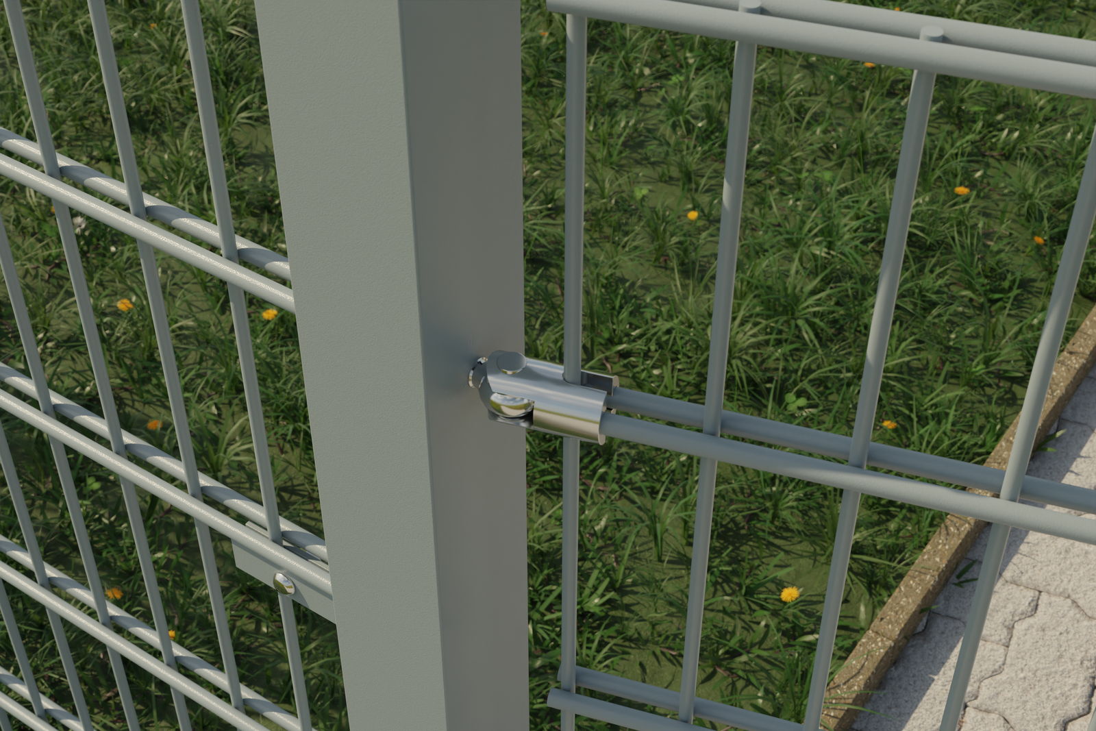 Schnellbauscharnier an Doppelstabmattenpfosten visualisiert